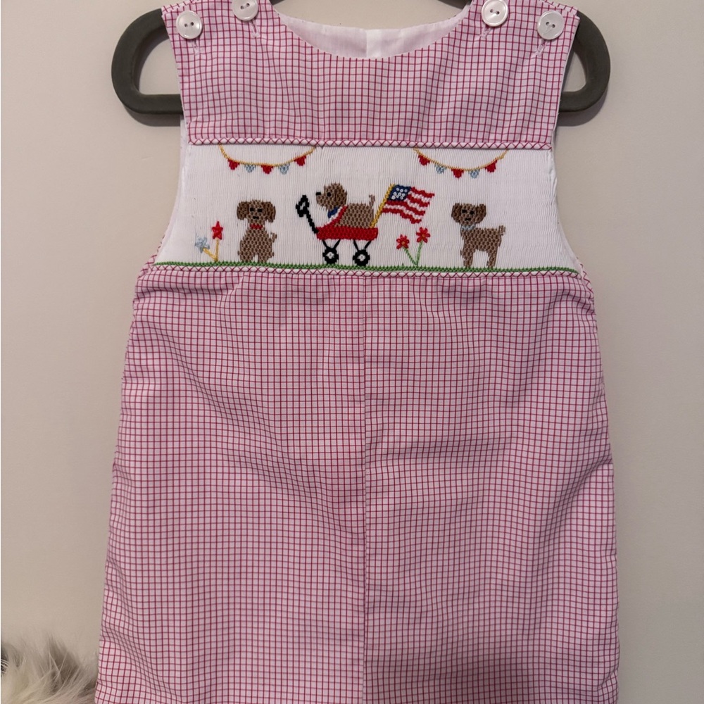 Petit Ami 24m Patriotic Puppy Smocked JonJon